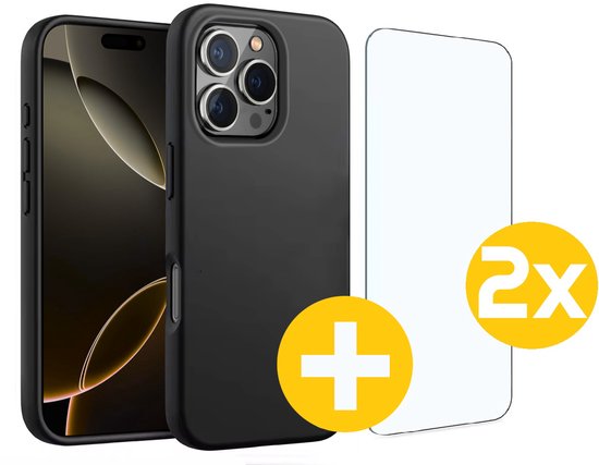 Hoesje en Screenprotector Combi Geschikt Voor iPhone 16 Pro Max - Zwarte Siliconen Hoesje + 2x Screenprotector