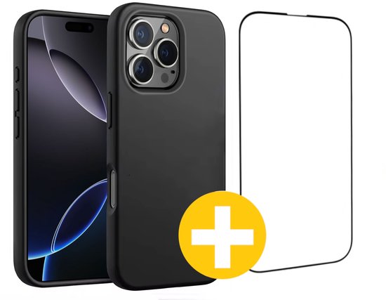 Hoesje en Screenprotector Combi Geschikt Voor iPhone 16 Pro - Zwart Hoesje + Premium Screenprotector