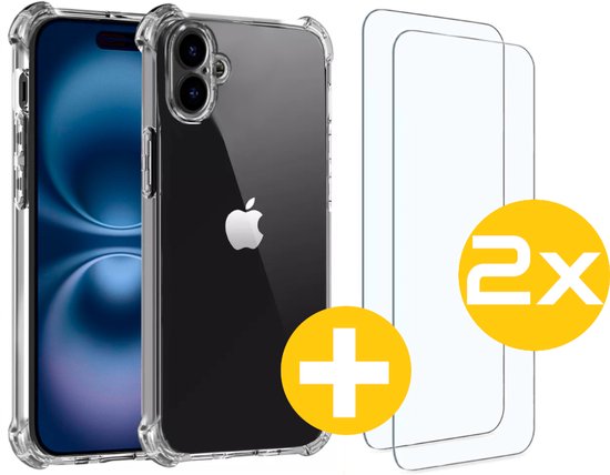 Hoesje en Screenprotector Combi Geschikt Voor iPhone 16 Plus - Anti Shock Hoesje + 2x Screenprotector