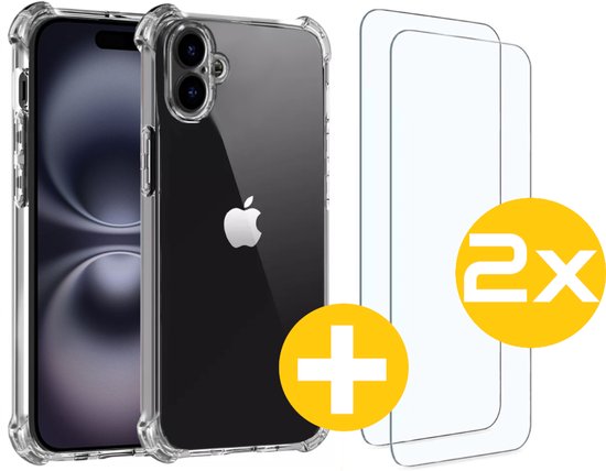 Hoesje en Screenprotector Combi Geschikt Voor iPhone 16 - Anti Shock Hoesje + 2x Screenprotector