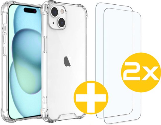 Hoesje en Screenprotector Combi Geschikt Voor iPhone 15 Plus - Anti Shock Hoesje + 2x Screenprotector
