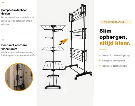 Inklapbaar Wasrek - Wastoren met 3 Niveaus - Droogtoren - Droogrek inklapbaar 172x72x50cm - Zwart