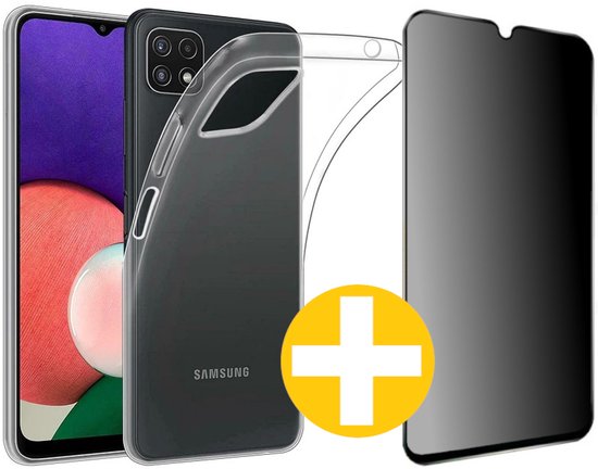 Hoesje en Privacy Screenprotector Combi Geschikt Voor Samsung A22 5G - Transparant Hoesje + Privacy Glas