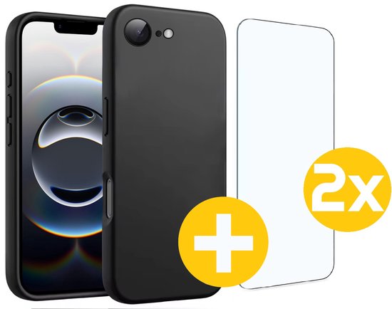 Hoesje en Screenprotector Combi Geschikt Voor iPhone 16e - Zwarte Siliconen Hoesje + 2x Screenprotector