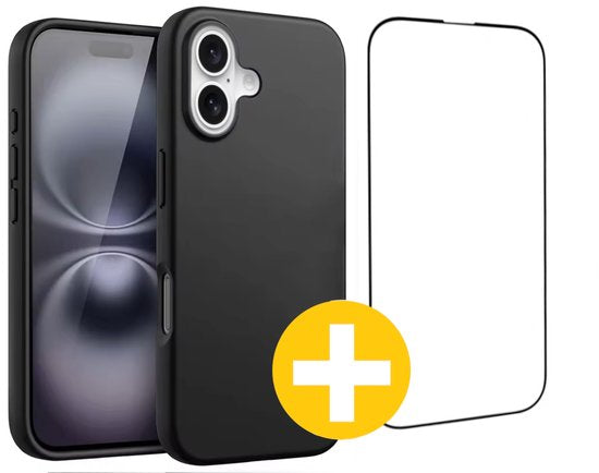 Hoesje en Screenprotector Combi Geschikt Voor iPhone 16 - Zwart Hoesje + Premium Screenprotector