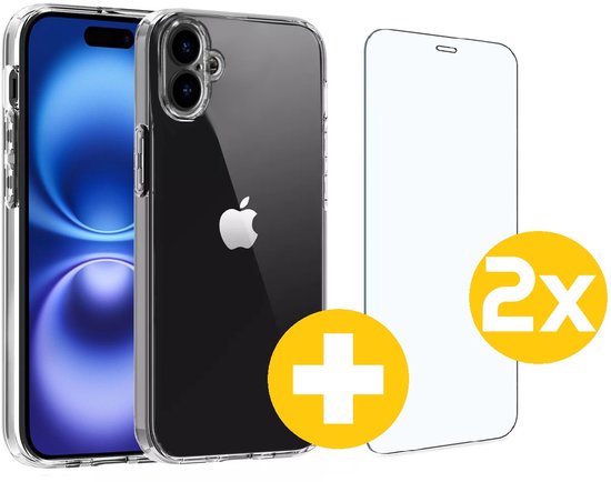 Hoesje en Screenprotector Combi Geschikt Voor iPhone 16 Plus - Transparant Hoesje + 2x Screenprotector