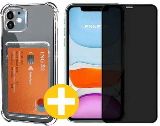 Pashouder Hoesje en Privacy Screenprotector Combi Geschikt Voor iPhone 11 - Pasjeshouder + Privacy Screenprotector