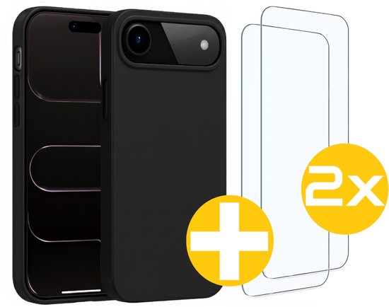 Hoesje en Screenprotector Combi Geschikt Voor iPhone 17 Air - Zwarte Siliconen Hoesje + 2x Screenprotector