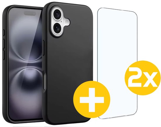 Hoesje en Screenprotector Combi Geschikt Voor iPhone 16 - Zwarte Siliconen Hoesje + 2x Screenprotector