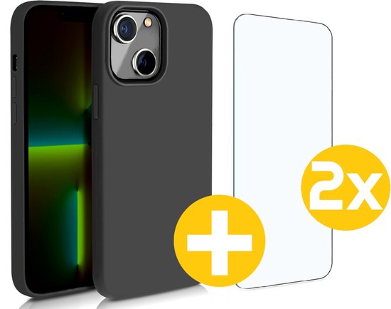 Hoesje en Screenprotector Combi Geschikt Voor iPhone 14 Plus - Zwarte Siliconen Hoesje + 2x Screenprotector