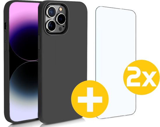 Hoesje en Screenprotector Combi Geschikt Voor iPhone 14 Pro - Zwarte Siliconen Hoesje + 2x Screenprotector