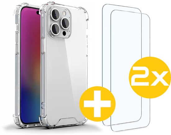 Hoesje en Screenprotector Combi Geschikt Voor iPhone 14 Pro - Anti Shock Hoesje + 2x Screenprotector