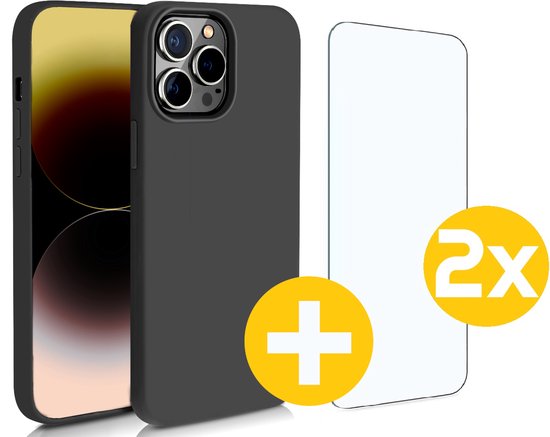 Hoesje en Screenprotector Combi Geschikt Voor iPhone 14 Pro Max - Zwarte Siliconen Hoesje + 2x Screenprotector