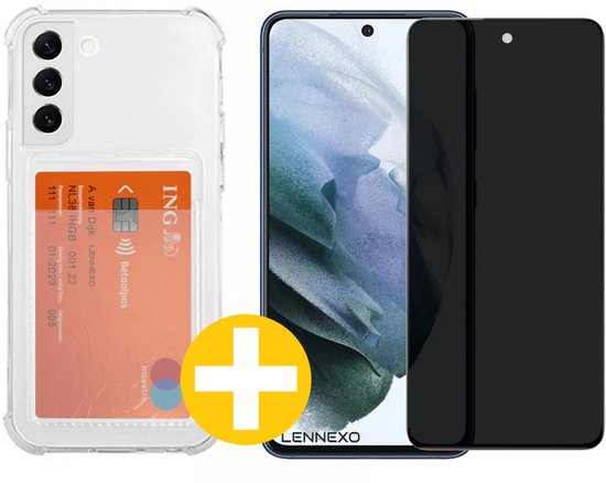 Pashouder Hoesje en Privacy Screenprotector Combi Geschikt Voor Samsung S21 FE (Fan Edition) - Pasjeshouder + Privacy Screenprotector