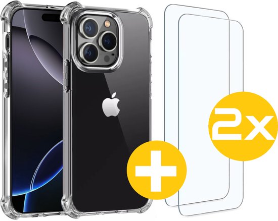 Hoesje en Screenprotector Combi Geschikt Voor iPhone 16 Pro - Anti Shock Hoesje + 2x Screenprotector