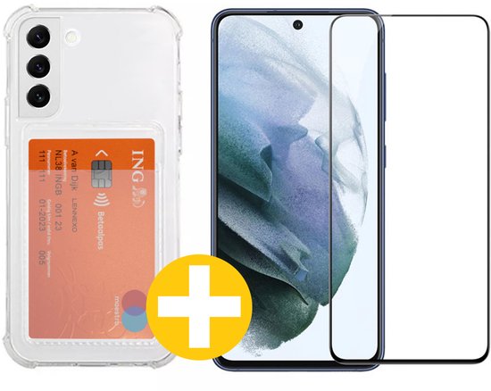 Pashouder Hoesje en Screenprotector Combi Geschikt Voor Samsung S21 FE (Fan Edition) - Pasjeshouder + Premium Screenprotector