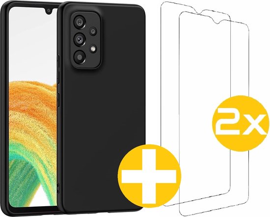Hoesje en Screenprotector Combi Geschikt Voor Samsung Galaxy A33 - Zwarte Siliconen Hoesje + 2x Screenprotector