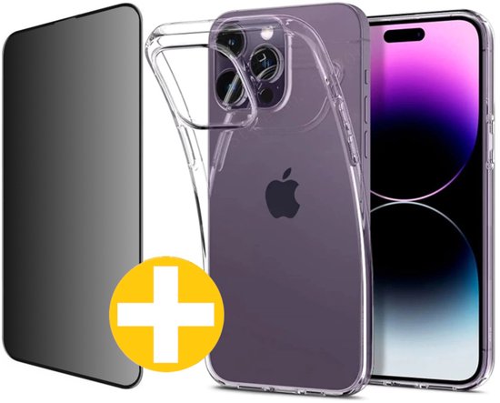 Hoesje en Privacy Screenprotector Combi Geschikt Voor iPhone 14 Pro - Transparant Hoesje + Privacy Glas