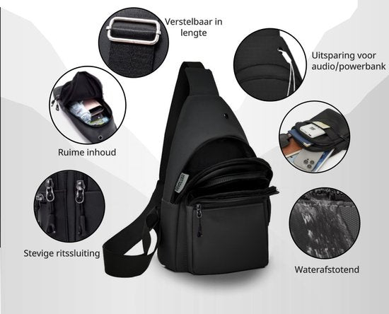 Crossbody Schoudertas met 4 Opbergvakken - Waterdichte Slingbag Tas Dames en Heren - Waterdichte Nektasje / Telefoontasje - Zwart