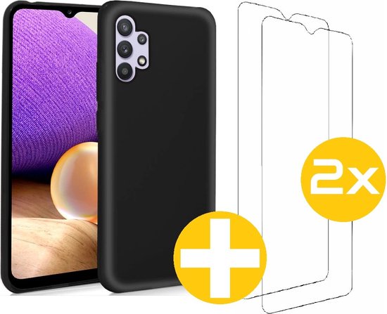 Hoesje en Screenprotector Combi Geschikt Voor Samsung Galaxy A32 5G - Zwarte Siliconen Hoesje + 2x Screenprotector