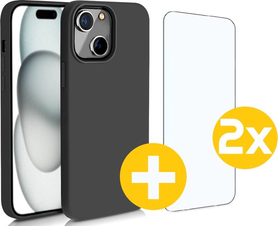 Hoesje en Screenprotector Combi Geschikt Voor iPhone 15 - Zwarte Siliconen Hoesje + 2x Screenprotector