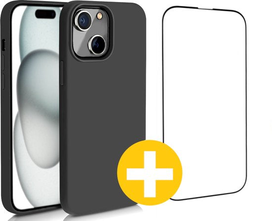 Hoesje en Screenprotector Combi Geschikt Voor iPhone 15 - Zwart Hoesje + Premium Screenprotector