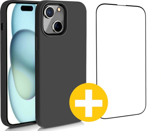Hoesje en Screenprotector Combi Geschikt Voor iPhone 15 Plus - Zwart Hoesje + Premium Screenprotector