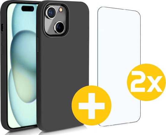 Hoesje en Screenprotector Combi Geschikt Voor iPhone 15 Plus - Zwarte Siliconen Hoesje + 2x Screenprotector