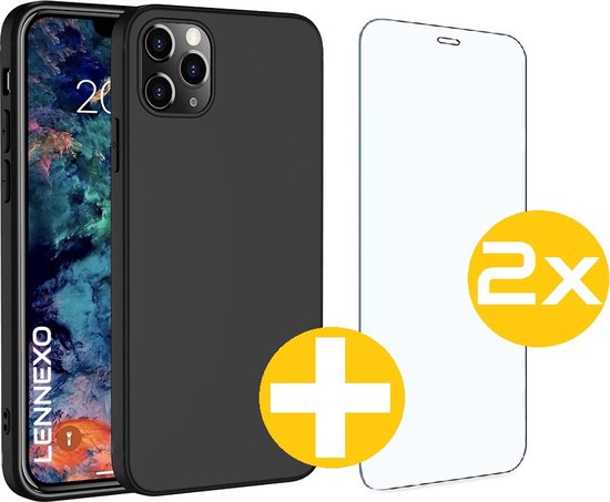 Hoesje en Screenprotector Combi Geschikt Voor iPhone 13 Pro - Zwarte Siliconen Hoesje + 2x Screenprotector
