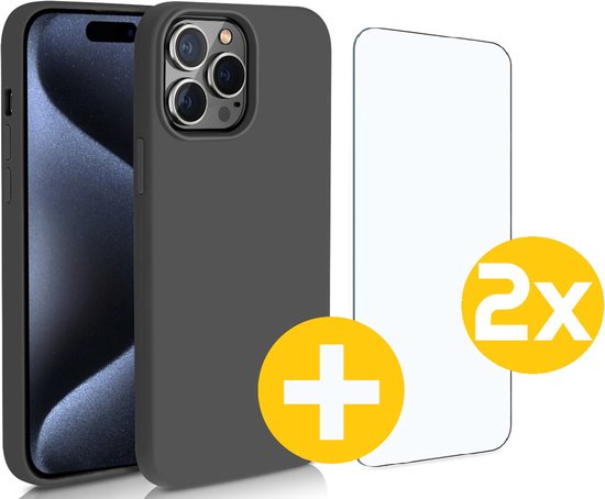 Hoesje en Screenprotector Combi Geschikt Voor iPhone 15 Pro Max - Zwarte Siliconen Hoesje + 2x Screenprotector