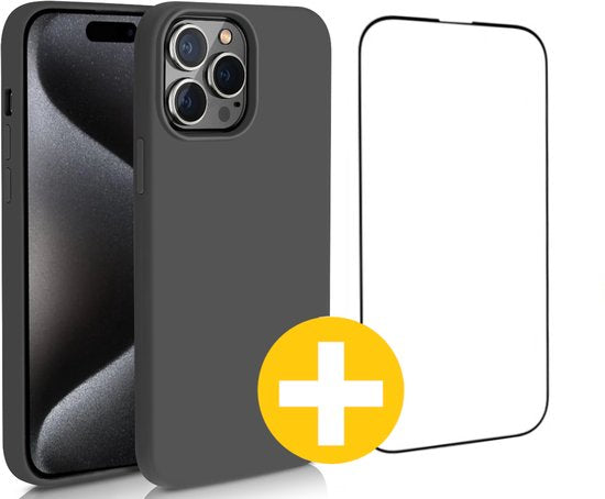 Hoesje en Screenprotector Combi Geschikt Voor iPhone 15 Pro - Zwart Hoesje + Premium Screenprotector