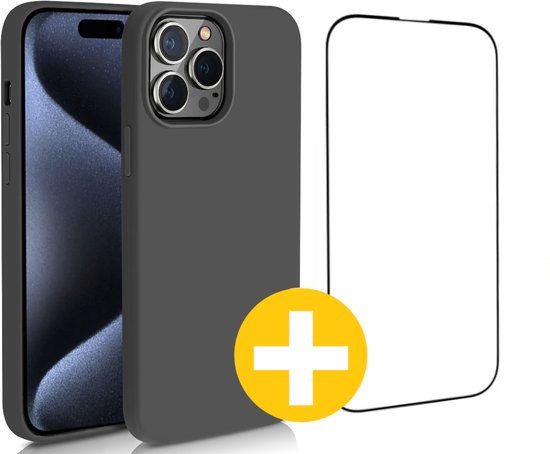 Hoesje en Screenprotector Combi Geschikt Voor iPhone 15 Pro Max - Zwart Hoesje + Premium Screenprotector