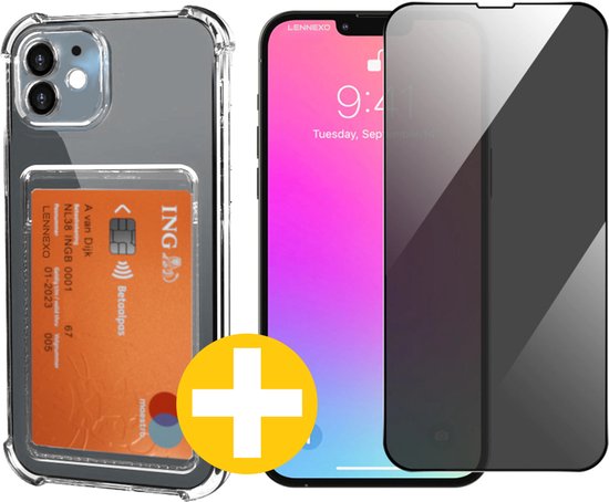 Pashouder Hoesje en Privacy Screenprotector Combi Geschikt Voor iPhone 12 Mini - Pasjeshouder + Privacy Screenprotector