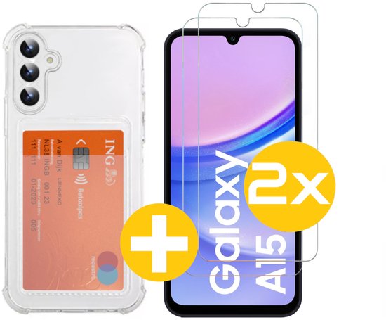 Pashouder Hoesje en Screenprotector Combi Geschikt Voor Samsung A15 - Pasjeshouder + 2x Screenprotector