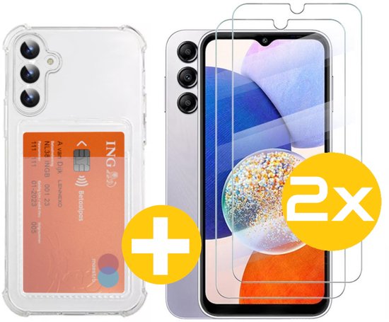 Pashouder Hoesje en Screenprotector Combi Geschikt Voor Samsung A14 - Pasjeshouder + 2x Screenprotector