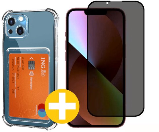 Pashouder Hoesje en Privacy Screenprotector Combi Geschikt Voor iPhone 14 Plus - Pasjeshouder + Privacy Screenprotector