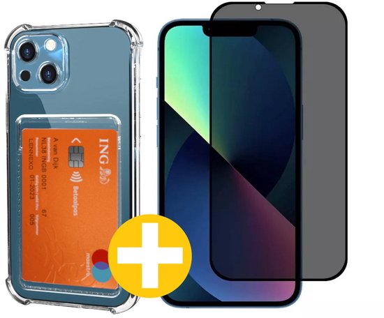 Pashouder Hoesje en Privacy Screenprotector Combi Geschikt Voor iPhone 14 - Pasjeshouder + Privacy Screenprotector