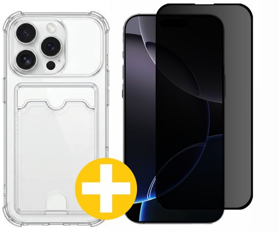 Pashouder Hoesje en Privacy Screenprotector Combi Geschikt Voor iPhone 16 Pro - Pasjeshouder + Privacy Screenprotector