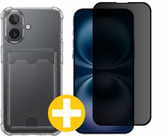 Pashouder Hoesje en Privacy Screenprotector Combi Geschikt Voor iPhone 16 Plus - Pasjeshouder + Privacy Screenprotector