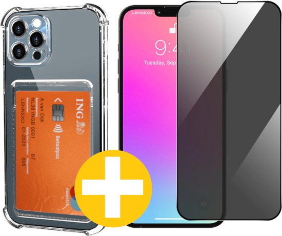 Pashouder Hoesje en Privacy Screenprotector Combi Geschikt Voor iPhone 12 Pro - Pasjeshouder + Privacy Screenprotector