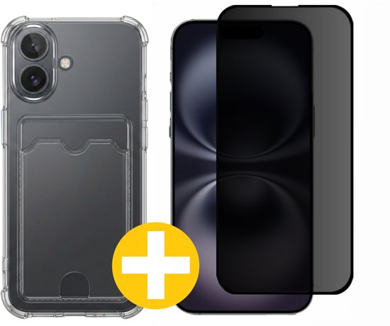 Pashouder Hoesje en Privacy Screenprotector Combi Geschikt Voor iPhone 16 - Pasjeshouder + Privacy Screenprotector