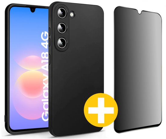 Hoesje en Privacy Screenprotector Combi Geschikt Voor Samsung A18 - Zwart Hoesje + Privacy Glas