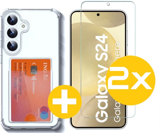 Pashouder Hoesje en Screenprotector Combi Geschikt Voor Samsung S24 - Pasjeshouder + 2x Screenprotector