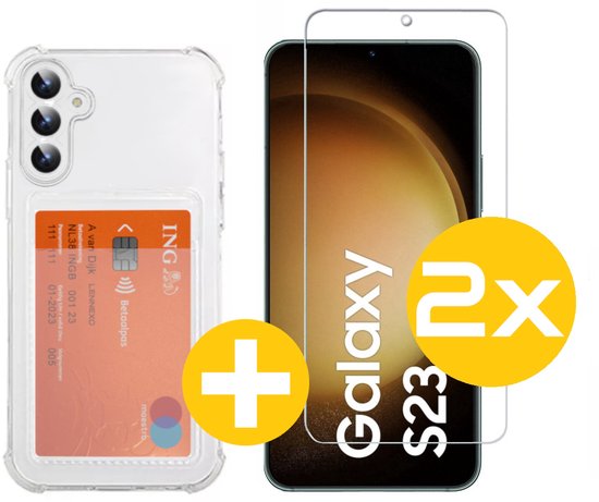 Pashouder Hoesje en Screenprotector Combi Geschikt Voor Samsung S23 - Pasjeshouder + 2x Screenprotector