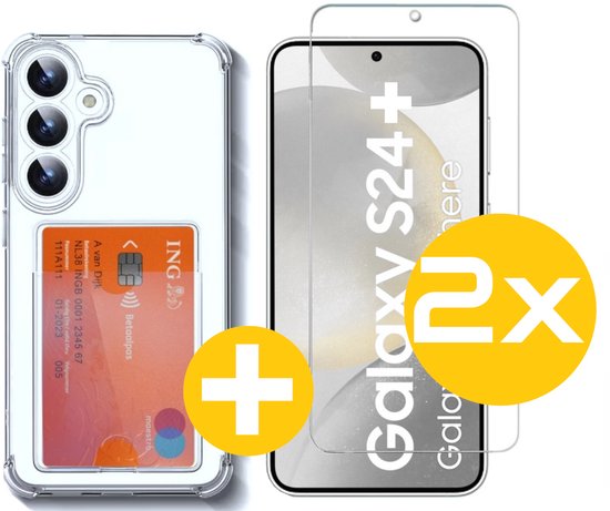 Pashouder Hoesje en Screenprotector Combi Geschikt Voor Samsung S24+ (S24 PLUS) - Pasjeshouder + 2x Screenprotector
