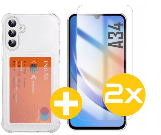 Pashouder Hoesje en Screenprotector Combi Geschikt Voor Samsung A34 - Pasjeshouder + 2x Screenprotector
