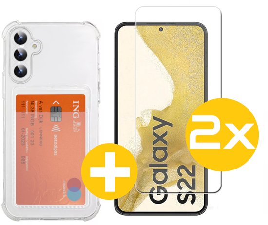 Pashouder Hoesje en Screenprotector Combi Geschikt Voor Samsung S22 - Pasjeshouder + 2x Screenprotector