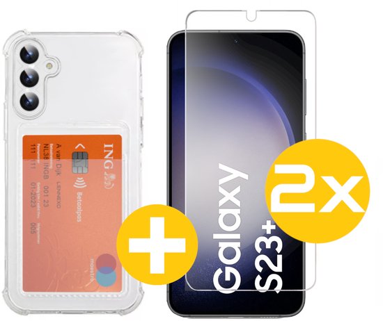 Pashouder Hoesje en Screenprotector Combi Geschikt Voor Samsung S23+ (S23 PLUS) - Pasjeshouder + 2x Screenprotector
