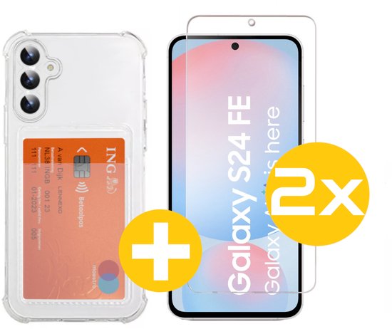 Pashouder Hoesje en Screenprotector Combi Geschikt Voor Samsung S24 FE (Fan Edition) - Pasjeshouder + 2x Screenprotector