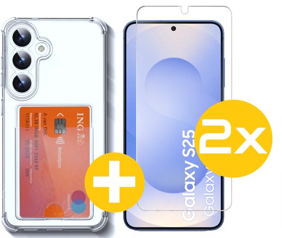 Pashouder Hoesje en Screenprotector Combi Geschikt Voor Samsung S25 - Pasjeshouder + 2x Screenprotector